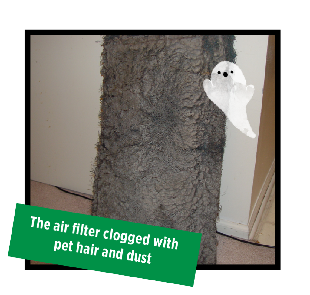 Air filter clogged with pet hair and dust, with a cartoon ghost floating by