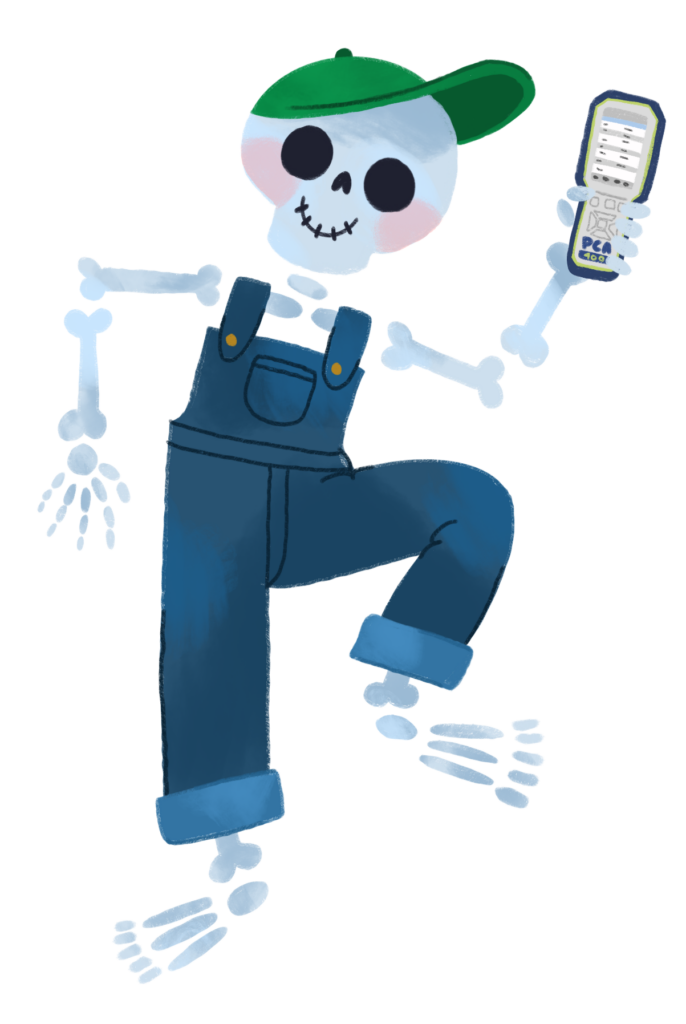 Cartoon skeleton of a maintenance person holding a meter